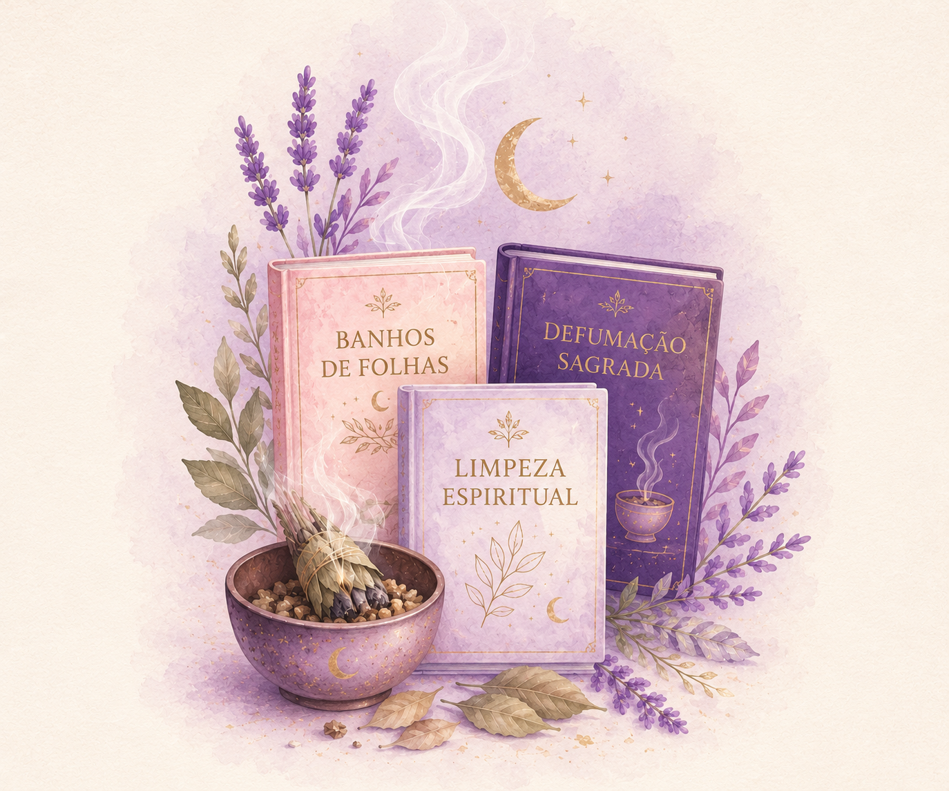 Os três e-books do combo: Banhos de Folhas, Defumação Sagrada e Limpeza Espiritual